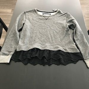 Gray sweater with black lace trim